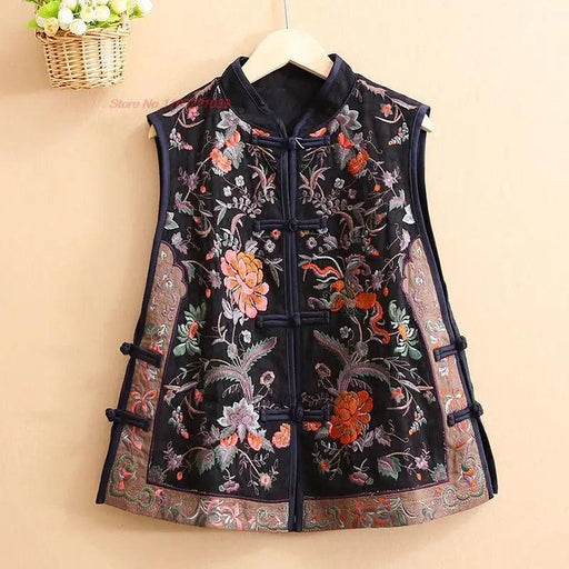 Timeless Vintage Chinese Floral Embroidered Cotton-Linen Women's Vest