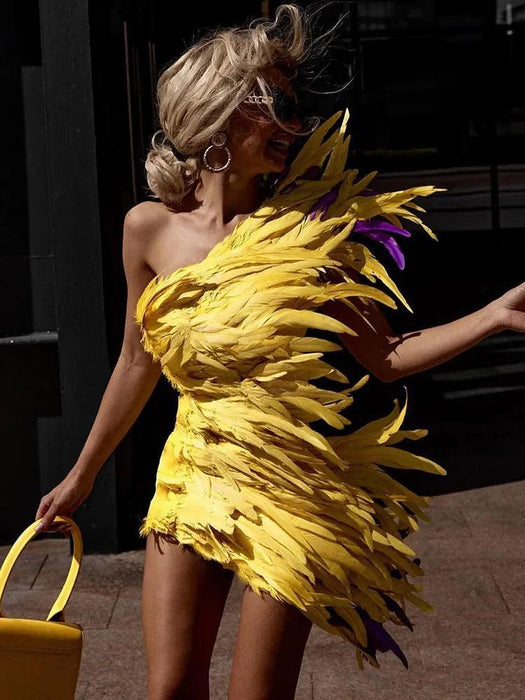 Golden Sunshine Feathered Asymmetrical Bodycon Gown