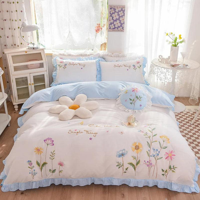 Pastoral Elegance: Embroidered Floral Cotton Bedding Set with Ruffled Details - Duvet Cover, Flat & Fitted Sheets, Pillowcases