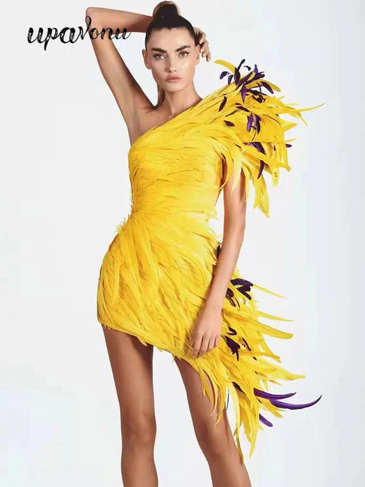 Golden Sunshine Feathered Asymmetrical Bodycon Gown