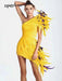 Golden Sunshine Feathered Asymmetrical Bodycon Gown