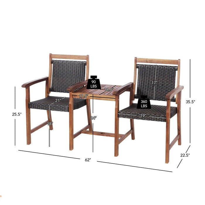 Rattan Loveseat Bench with Acacia Wood Frame and Umbrella Hole Table for Outdoor Relaxation