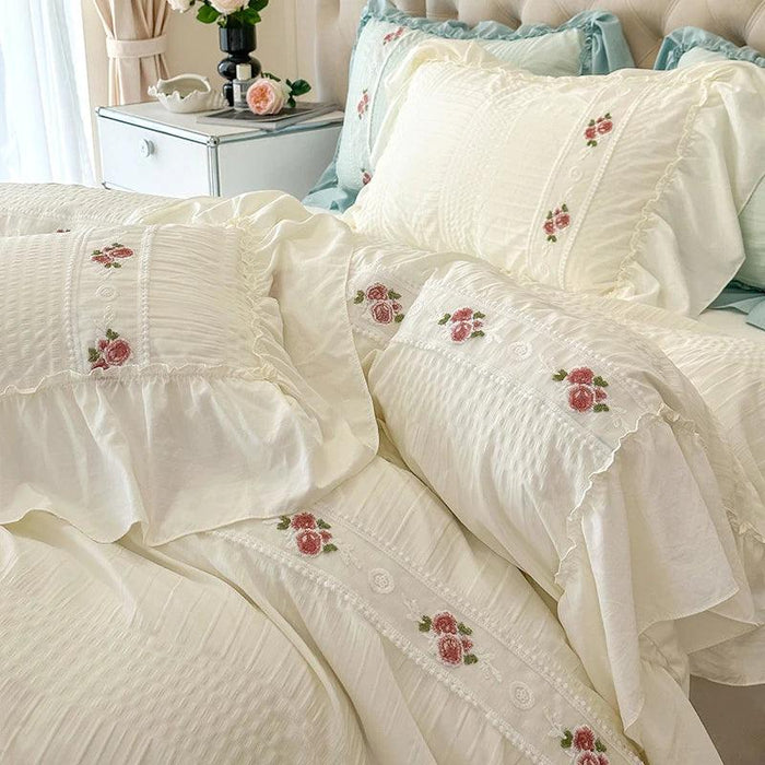 Elegant Seersucker Lace Ruffle Bedding Set