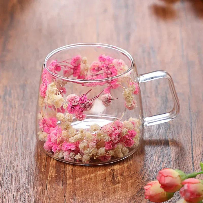 Insulated Double Wall Glass Cup with Dried Flowers - Creative Tea, Coffee, and Milk Mug with Handle