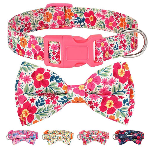 Floral Patterned Adjustable Dog Collar with Bowknot - Padded Nylon for All Breeds