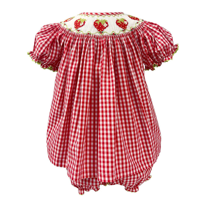 Adorable Handmade Strawberry Embroidered Summer Dress Set for Girls - Trendy Red Plaid Bubble Sleeve Outfit with Chic Split Design