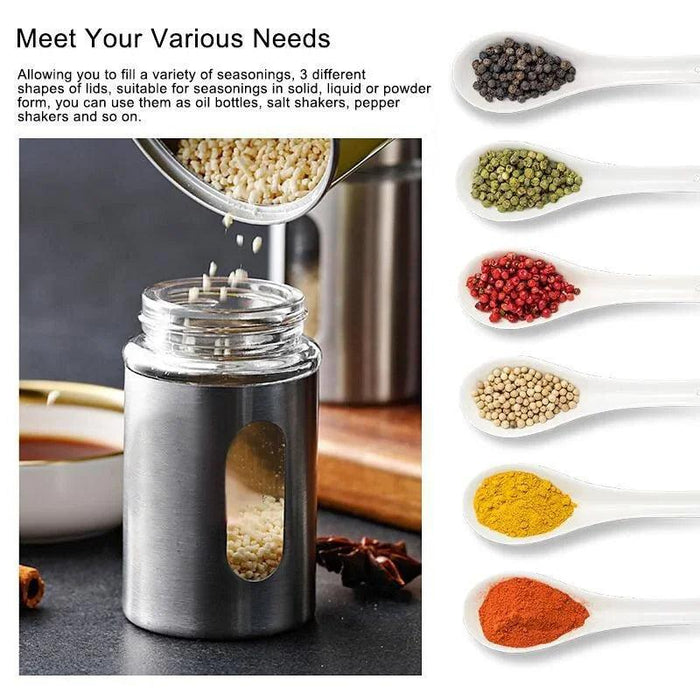 Stylish Rotating Glass Spice Dispenser Set with Stainless Steel Lids - Trio of Seasoning Jars