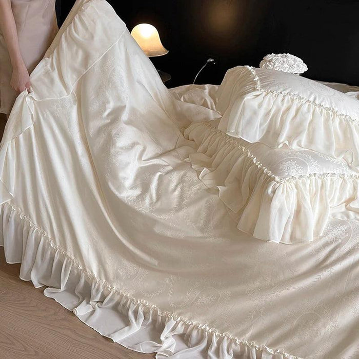 Luxurious Jacquard Lace and Chiffon Bedding Ensemble with Premium Egyptian Cotton - Beige Ruffled Duvet, Sheets, and Pillowcases