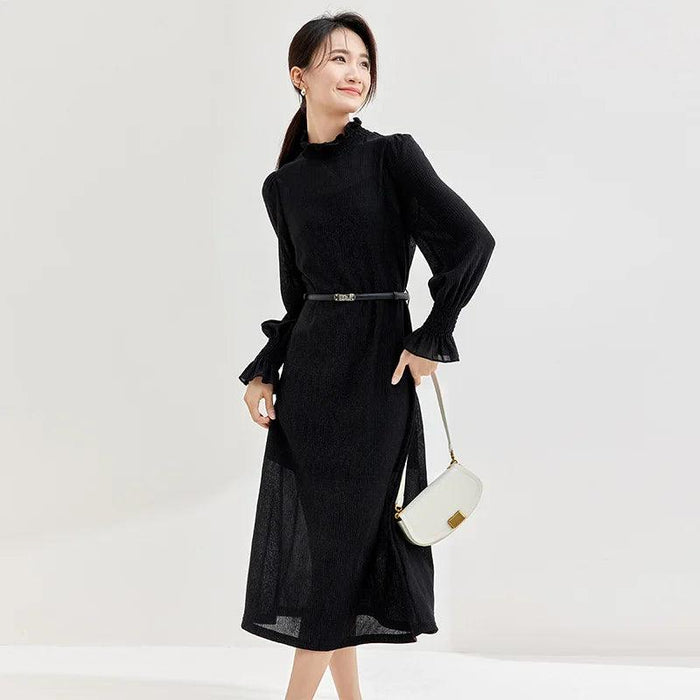 Autumn Elegance: Hepburn-Inspired Midi Dress with Ruffle Neck and Tie Waist