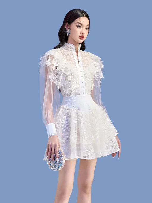 Elegant Pearl Flower Lace High Waist Mesh Dress with Stand Collar for Women