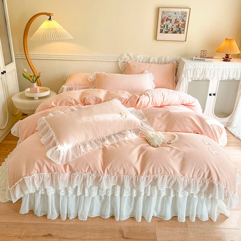 Princess Dream Lace Ruffles Cotton Bedding Set with Quilted Bedspread