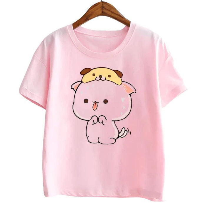 Peach & Goma Mochi Cat with Giraffe Print Kids Tee - Cute Harajuku Style Shirt for Boys & Girls