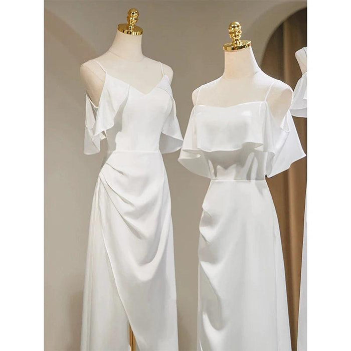 Chic High Low Satin Bridesmaid Dress in White with Spaghetti Straps for Elegant Wedding Celebrations