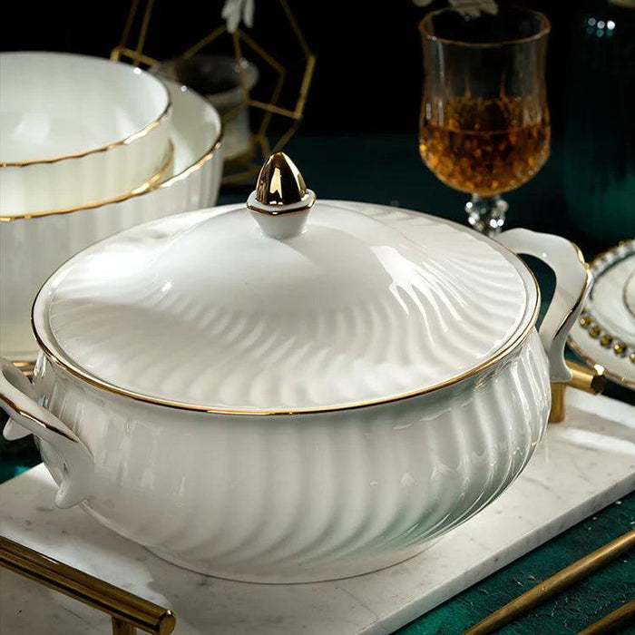 Opulent Korean-inspired Hand-painted Porcelain Dinner Set with Gilded Details