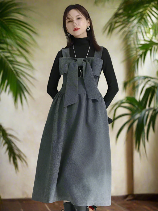 Sleeveless Gray Woolen Dress for Women with Bow Detail