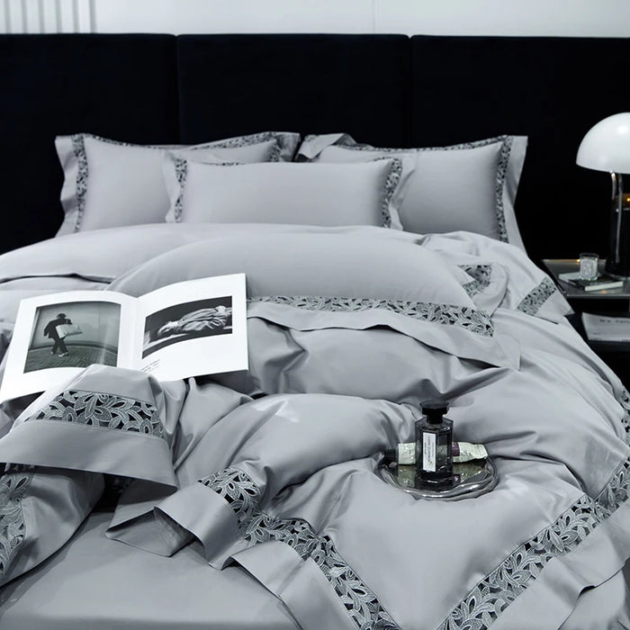 Exquisite 1200TC Egyptian Cotton Luxury Bedding Collection with Elegant Hollow Lace Trim, Duvet Cover, Flat & Fitted Sheets, and Pillowcases