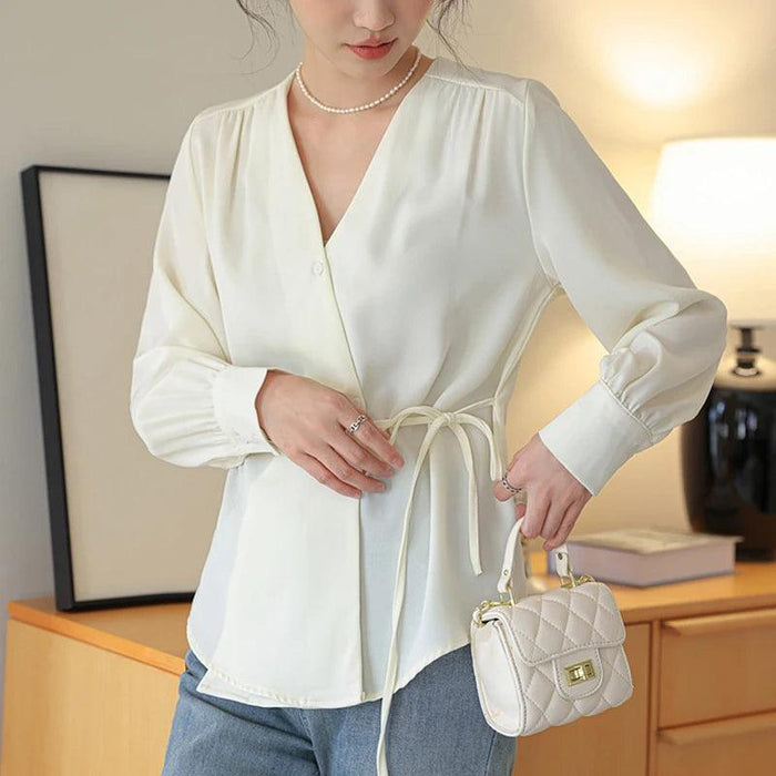 Trendy White V Neck Lace-Up Blouse for Women - Stylish Button-Up