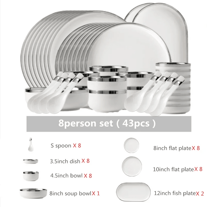 Sophisticated White Porcelain Dinnerware Collection with Silver Detailing for Elegant Home and Hotel Dining