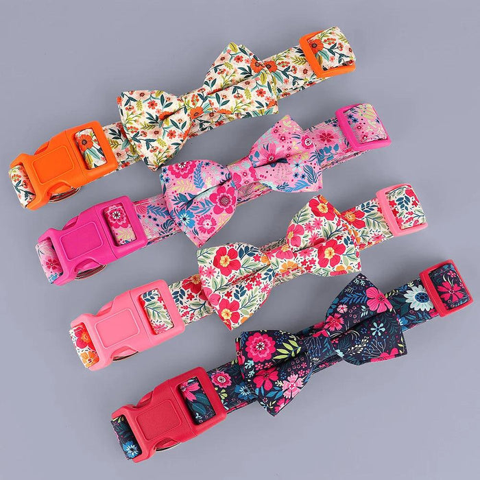 Floral Patterned Adjustable Dog Collar with Bowknot - Padded Nylon for All Breeds