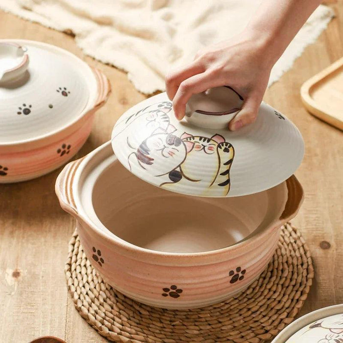 Elegant Japanese Cat-Themed Ceramic Stew Pot with Comfortable Double Ear Handles for Gourmet Cooking