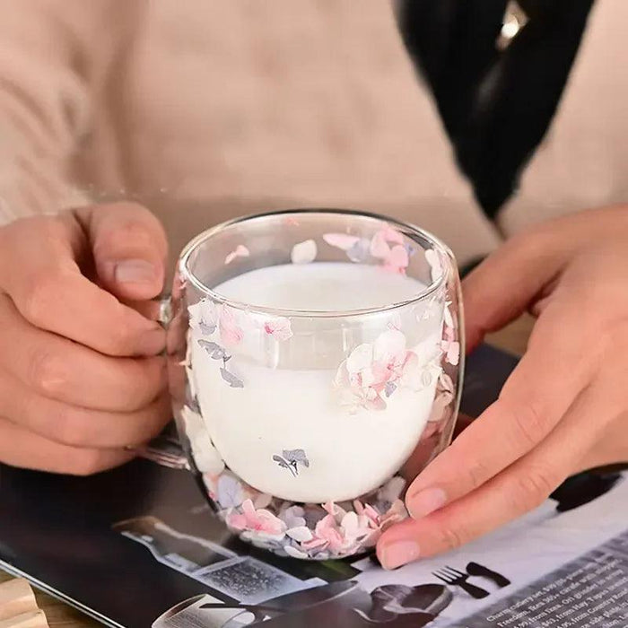 Elegant Double Walled Floral Glass Mug - High Borosilicate Coffee and Tea Cup with Handle