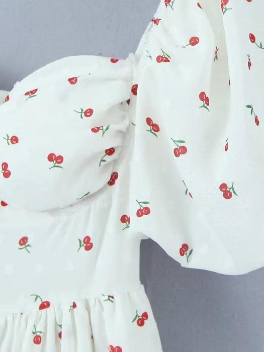 Cherry Blossom Corset Dress in Vintage White – Ruffled Hem & Lantern Sleeve Design