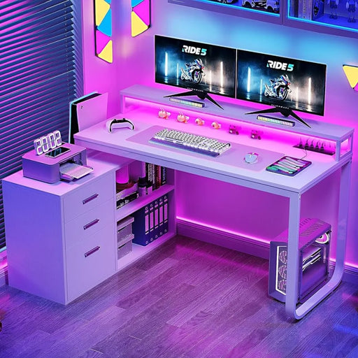 Contemporary L-Shaped Desk with Integrated LED Lighting, File Cabinet, and Charging Hub