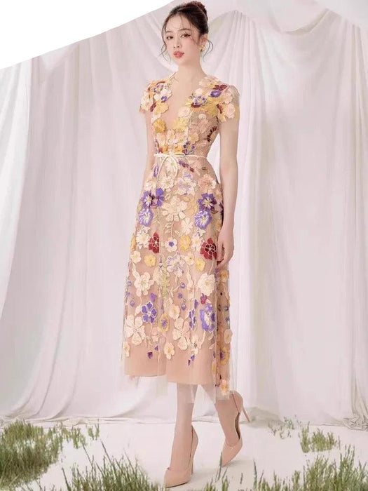 Elegant Summer Evening Dress with Stunning 3D Floral Embroidery and Short Sleeves - 2024 Collection