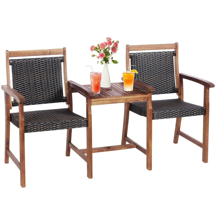 Rattan Loveseat Bench with Acacia Wood Frame and Umbrella Hole Table for Outdoor Relaxation