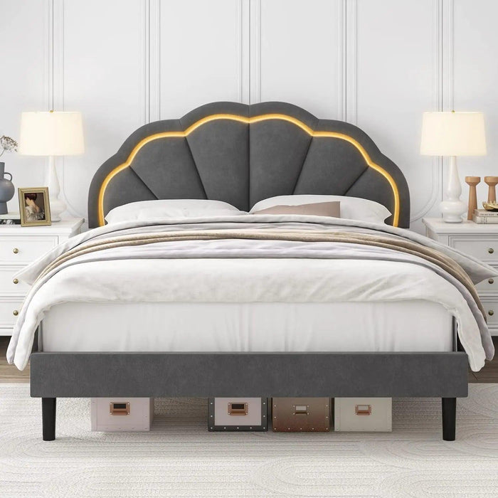 Elegant Velvet LED Flower Headboard Bed Frame - Full Size with Customizable Lighting Features