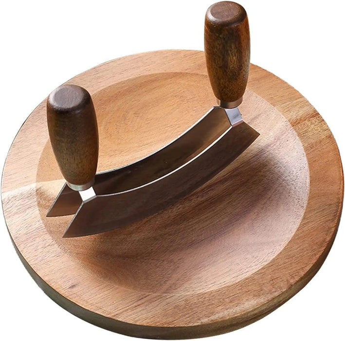 Double Blade Mezzaluna Chopper and Acacia Wood Board Set - Ideal for Efficient Herb, Nut, and Vegetable Preparation