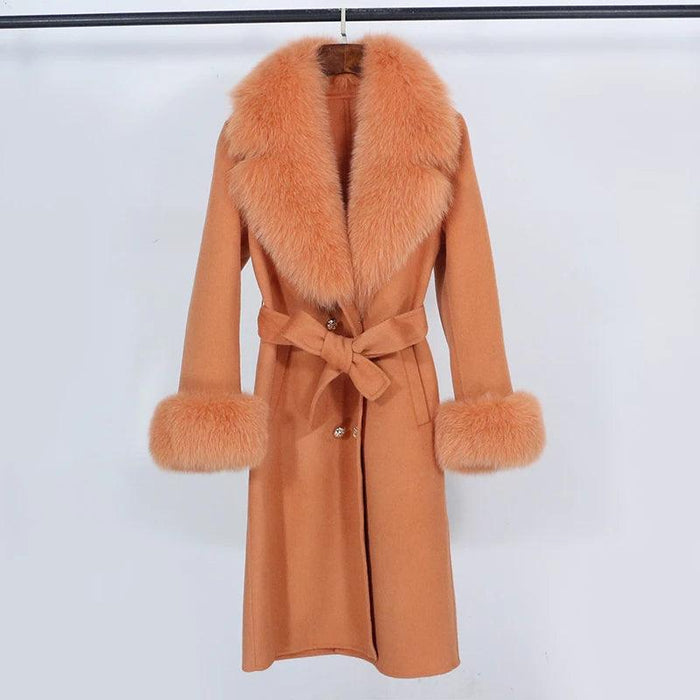 Chic Winter Elegance: Women's Fox Fur and Wool Overcoat with Luxurious Natural Collar