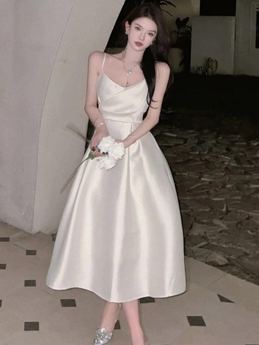 Chic White Satin Midi Dress with Low Cut Neckline - Exquisite Evening Party Gown for Women