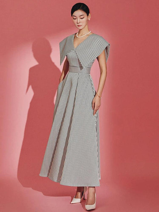 Striped High-Waisted Evening Dress with Oversized Collar for Women – 2024 Summer Collection 35Z657