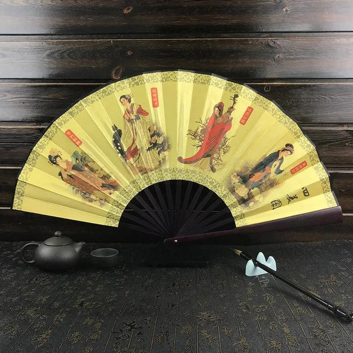 Vintage Silk Folding Fan with Bamboo Handle - Stunning Handheld Accessory for Celebrations and Home Sophistication