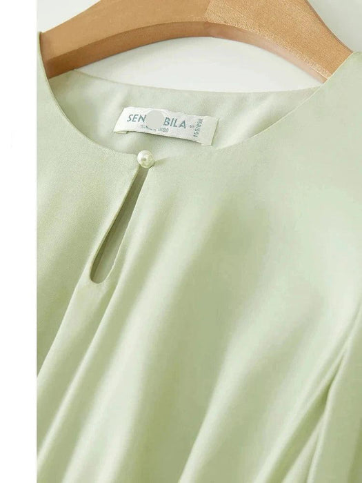 Elegant Light Green Puff Sleeve Midi Dress - Spring Pullover Round Neck for Women 2024