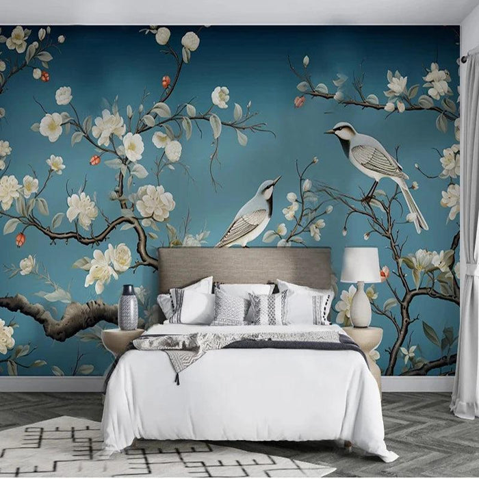 Asian-Inspired Hand-Painted Birds and Floral Mural Wallpaper - Elegant Custom Wall Art for Home Decor