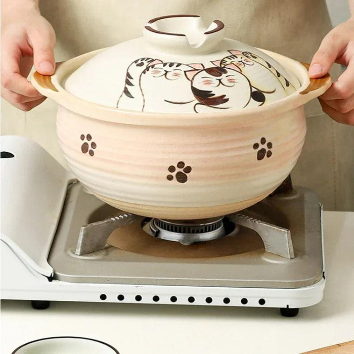 Elegant Japanese Cat-Themed Ceramic Stew Pot with Comfortable Double Ear Handles for Gourmet Cooking