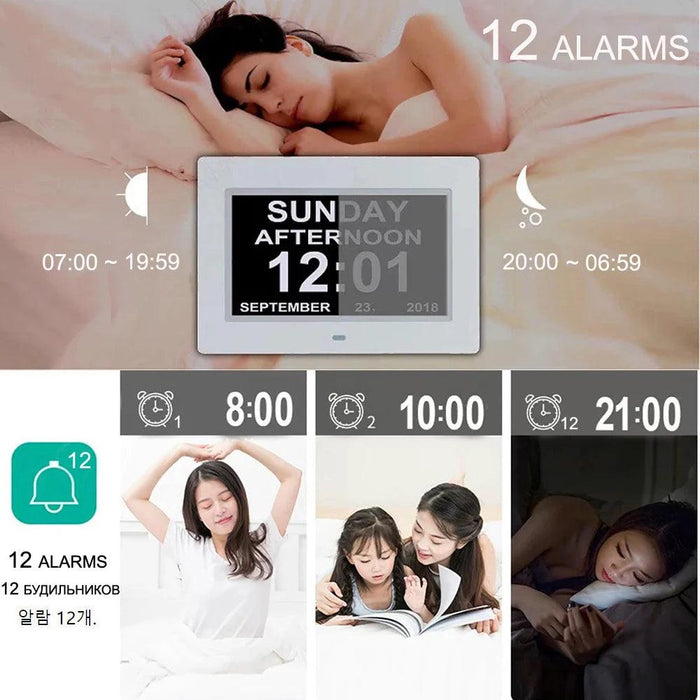 Elderly-Friendly 12 Alarm LED Calendar Clock with Remote Control and Smart Brightness Adjustment