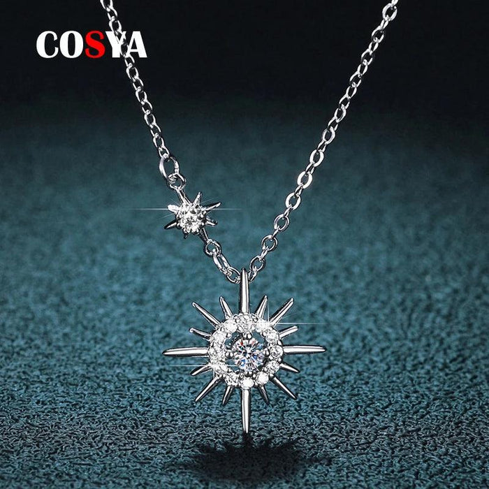 Sunburst Serenity Sterling Silver Necklace with Lab-Grown Diamond Hexagram Pendant: Chic Jewelry for Women