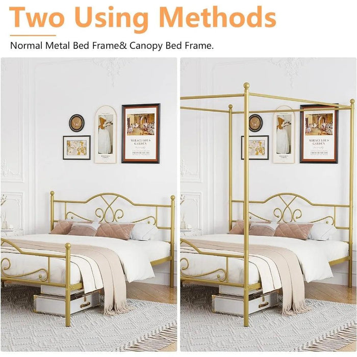 Chic Metal Canopy Bed Frame with Four Posters and Under-Bed Storage Solutions