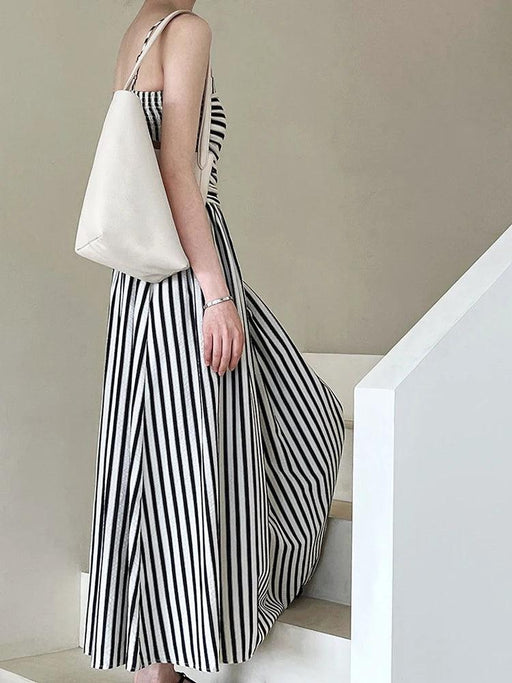 Elegant Black Striped Pleated Sleeveless Long Strap Dress for Women - Spring/Summer 2024 Fashion