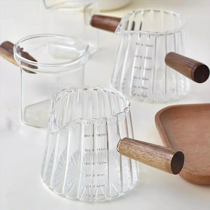 Borosilicate Glass Milk Cup Set with Wooden Handle and Measuring Tools for Espresso and Baking