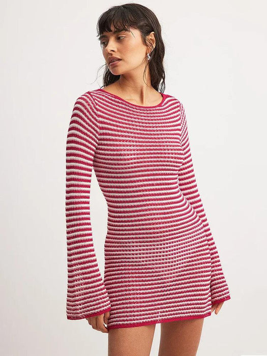 Women's Chic Striped Knit Mini Dress - High Waist Long Sleeve Style for Autumn/Winter