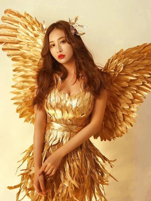 Radiant Golden Feathered Fairy Wings - Perfect for Halloween, Cosplay, and Stylish Dress-Up Events for Girls