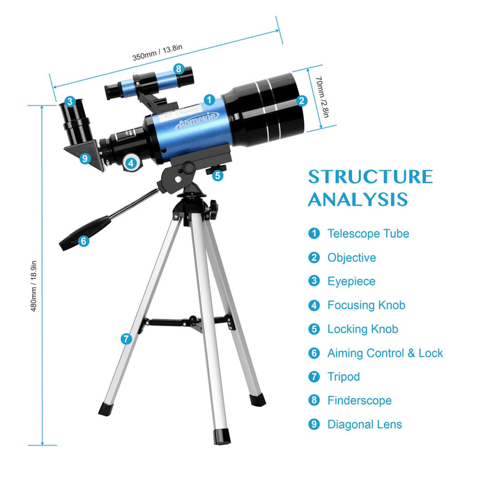 70mm Portable Astronomy Telescope Kit with Interchangeable Eyepieces, Adjustable Tripod, and Barlow Lens - Perfect for Budding Stargazers and Space Enthusiasts