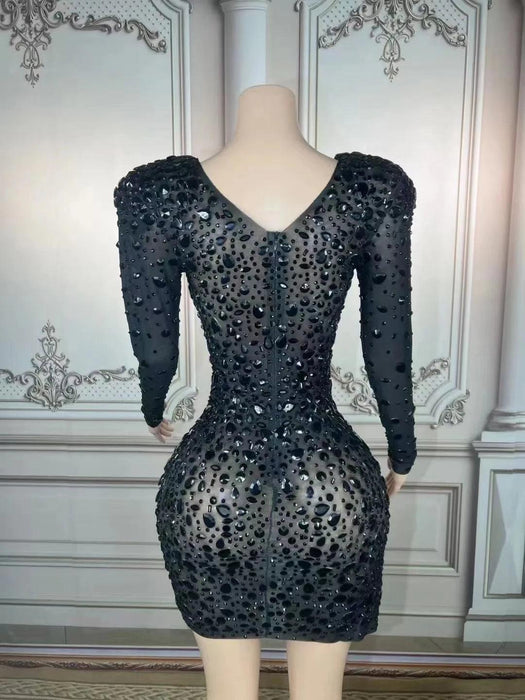 Glistening Black Rhinestone-Studded Sheer Long Sleeve Bodycon Mini Dress