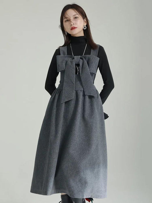 Sleeveless Gray Woolen Dress for Women with Bow Detail