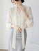 Chic Korean Chiffon Lace-Up Blouse with Puff Sleeves and V-Neck for Women