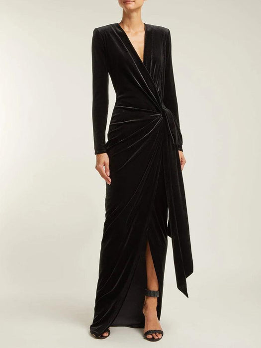 Sophisticated Asymmetrical Velvet Evening Dress with Alluring Deep V-neck